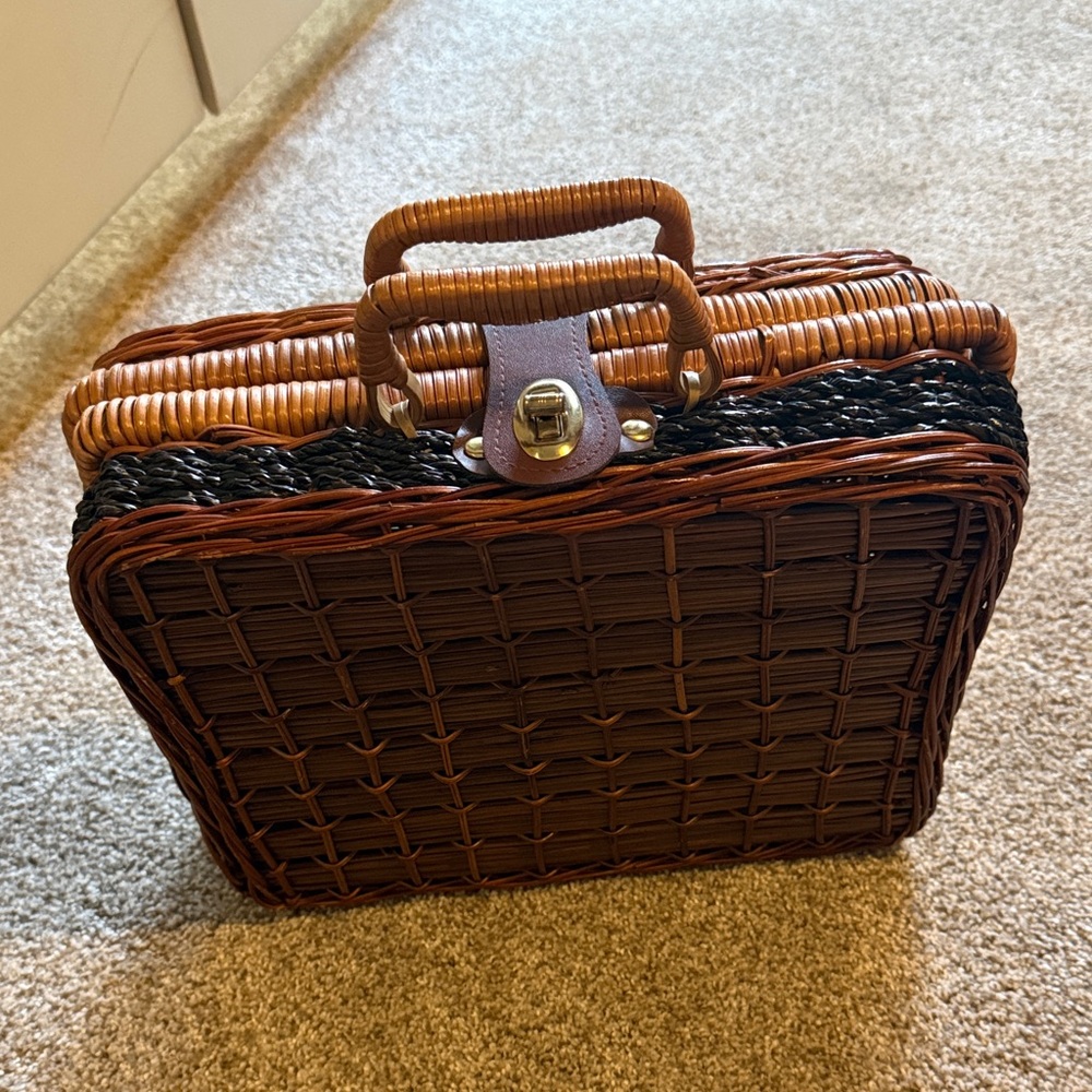 Vintage Woven Rattan Picnic Basket Handbag - Brown with Black Accent EUC